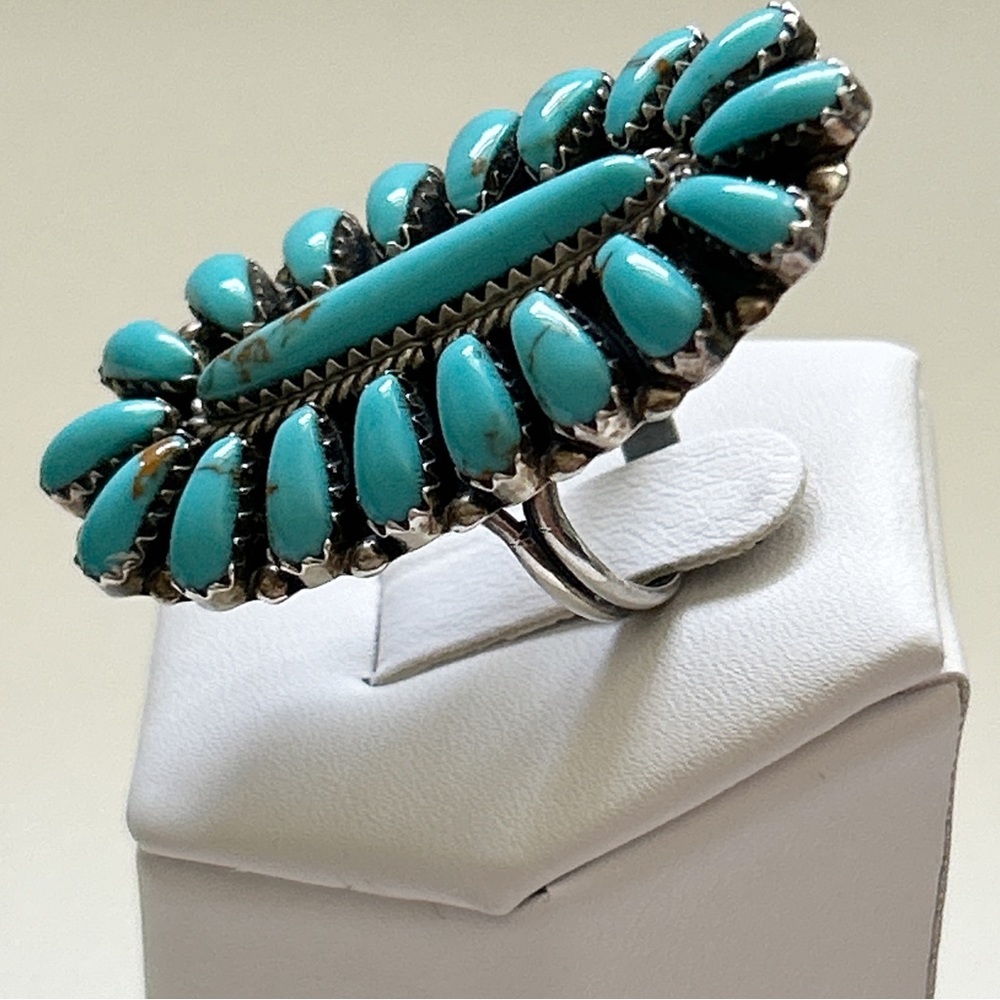 Vintage Dean Brown Navajo Turquoise Cluster Sterling Silver Ring - Picture 7 of 13
